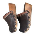 Olukai Dark Brown Leather Scallop Wood Slip On Clog Size 7 Photo 2