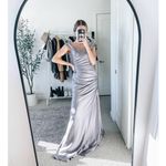 La Femme  Gray Satin Ruched Off the Shoulder Trumpet Gown Photo 12