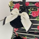 Betsey Johnson Black White Striped Pink Rose Print Small Satchel Handbag Purse Photo 4