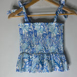 Haute Hippie  Blue White Coral Print Smocked Peplum Top XS Photo 0