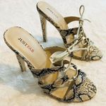 JustFab Python Snakeskin Lace Up Open Toe High Heel Sandals Size 5.5 my Photo 0