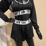 Sport 3pcs set boxer shorts top sport bra crop top hoodie mesh tape set yoga gym Black Photo 2