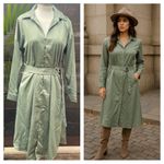 French Connection  XS Satin Shirt Dress Green Belted Midi‎ Long Sleeve NWT Photo 1
