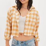 American Eagle  Cropped Flannel Plaid Button Down Long Sleeve Cotton Yellow Cream Photo 0