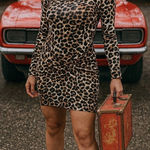 Love In Leopard Bodycon Dress L Ruched Front Long Sleeve Made in US NWOT Brown Size L Photo 0