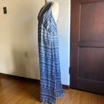 Blue and White Printed Silk Strappy Midi Gown with Splits Tacked Bodice | Large Photo 5