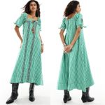 Free People  Bohemian Embroidered Gingham Seersucker Cass Maxi Dress Green Medium Photo 5