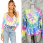 Chaser Long Sleeve Ballet Wrap Top In Tie Dye Pink Yellow Size Large Photo 1