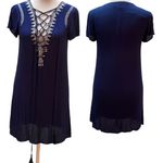 Lulu's Navy Blue with White Embroidered Design Tassel Tie Front Dress Size XS Photo 1