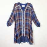 Anthropologie  Holding Horses Navy Blue & Orange Plaid Lace Trim High Low Dress L Photo 2