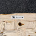 ZARA High Waist Mini Flare Jeans Beige Cream Raw Hem 10 Preppy Boho Patch Pocket Photo 6