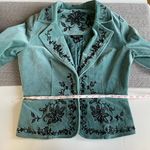 Karen Kane Vintage Turquoise Blue Green Velvet Jacket Black Embroidery Detail 4 Photo 5