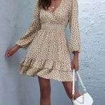 Speckled Print Ruffled Long Sleeve Mini Dress Tan Size M Photo 0