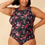 Shade & Shore  Swimsuit One Piece Floral High Neck Full Coverage Black Pink Red Photo 0