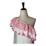 Lilly Pulitzer  Shirt Women Small White Pink Idara‎ One Shoulder Eyelet Pom Pom Photo 4