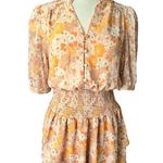 AQUA  Floral Print Smocked Dress Beige/Tan/yellow V Neck Tiered Ruffle Size L Photo 2