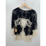 Anneliese Open Front Cardigan Women large Black Cream Crotchet Lace Boho Hippie Photo 1