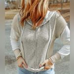 Mixed Media Exposed Seams Patchwork Hoodie in Gray Beige & Cream Size Small Photo 2