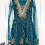 Pakistani Blue and Gold Beaded Sequin Long Sheer Sleeve Dress Size XS Photo 0