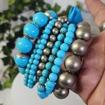 Set of 7 Acrylic Aqua Blue and Brushed Gold Stretch Bracelets Photo 1