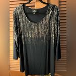 JM Collection  beautiful black knit 3/4 sleeve blouse with gold print size 2x Photo 1