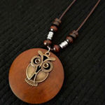 1pc Retro Owl Linen Accessories Ethnic Style Wooden Alloy Sweater Necklace Brown Photo 0
