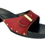 Gucci | 5.5 | Red Ponyhair Gold Buckle Studded Wood Block Heel Slide Sandals Photo 2