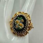 Vintage black and gold tone embroidered flower ring Photo 0