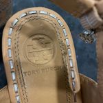 Tory Burch 80MM Natural Vachetta Leather Silver Woven Ankle Strap Wedge Heels 8 Photo 6