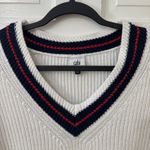 CAbi White V Neck Tennis Sweater Women Classic Old Money Academia S RUNS BIG Photo 1