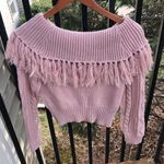 Boutique Cable Knit Off Shoulder Fringe Sweater  Photo 2