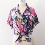 vintage • 80s floral button down blouse shirt short sleeve pink navy print Size M Photo 3