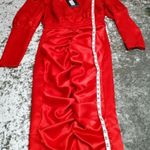 Pretty Little Thing  Red Satin Ruched Skirt Puff Sleeve Midi Dress Photo 0