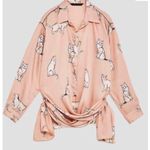 ZARA cat print silky ‘fashion pajama’ blogger favorite blouse top, size small Photo 2