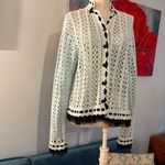 Vintage Anthropologie M One Girl Who Sweater Blue Crochet Knit Fringe Cardigan Black Size M Photo 2