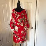 Olivia Matthews Red Floral Midi Dress With Bell Sleeves. Size L Photo 1