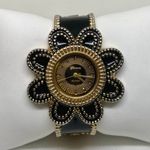 Ladies Geneva Platinum Flower Shaped Black gold Tone Cuff Bracelet 7” running Photo 0