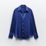 ZARA  Satin Effect V Neck Button Down Shirt Navy Blue sz Small Photo 5