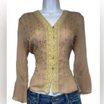 Allison Taylor Tan vintage boho style button up blouse with crochet and embroidery details Photo 0