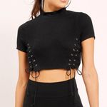 Forever 21 ribbed lace-up mock neck black crop top women Size small Photo 0