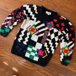 IZOD Vintage 80s Hand Knit Geometric Crewneck Sweater Shoulder Pads Size Small Photo 2