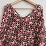 Pink Brown Green Multicolor Handmade Open Crochet Knit Tassel Fringe Poncho Multiple Photo 4