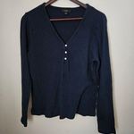 J.Crew  Top Long Sleeve Ribbed V-Neck Navy Blue Buttons Casual Neutral Lounge Photo 0