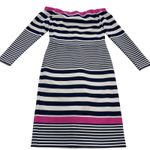 Eliza J  Dress Womens Size 8 Petite Pink Blue‎ Striped Off Shoulder Long Sleeve Photo 1