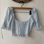 Beige Botany Blue Eyelet Smocked Crop Tie Shoulder Puff Sleeve Floral Blouse M Size M Photo 4