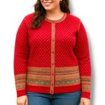 Vintage 90s Ms. Lee Knit Cardigan Sweater Cherry Red Colorful Fair Isle Crewneck Size L Photo 12