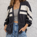 Knot Sisters Open Front Knit Cardigan M | Waist Tie Neutral Stripe Photo 0