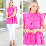 Entro  Hot Pink Perforated Frilled Short Sleeve Blouse Size Small 100% Cotton EUC Photo 2