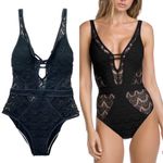 Becca  Colorplay Black Crochet One Piece Swimsuit Size Medium Deep V Lace Plunge Photo 1