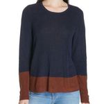 Eileen Fisher Colorblock Tencel Silk Blend Long Sleeve Sweater Navy Brown Small Photo 0
